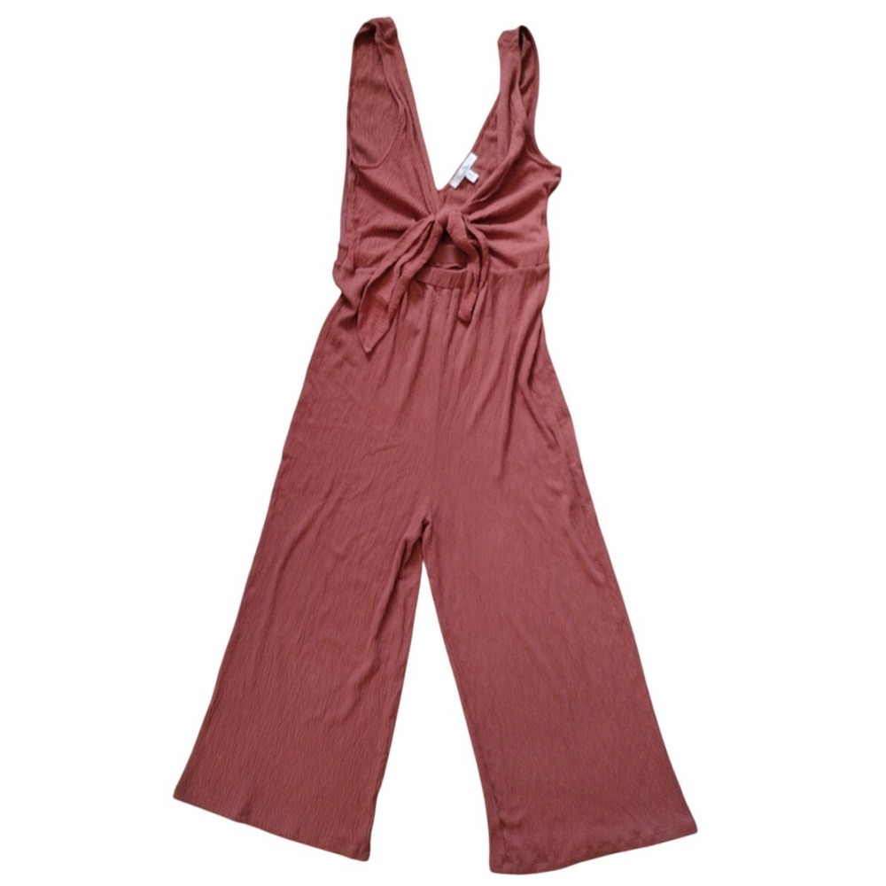 Love Tree Jumpsuit Women M Red Brick Crinkle Wide Flare Leg Front Knot V Neck